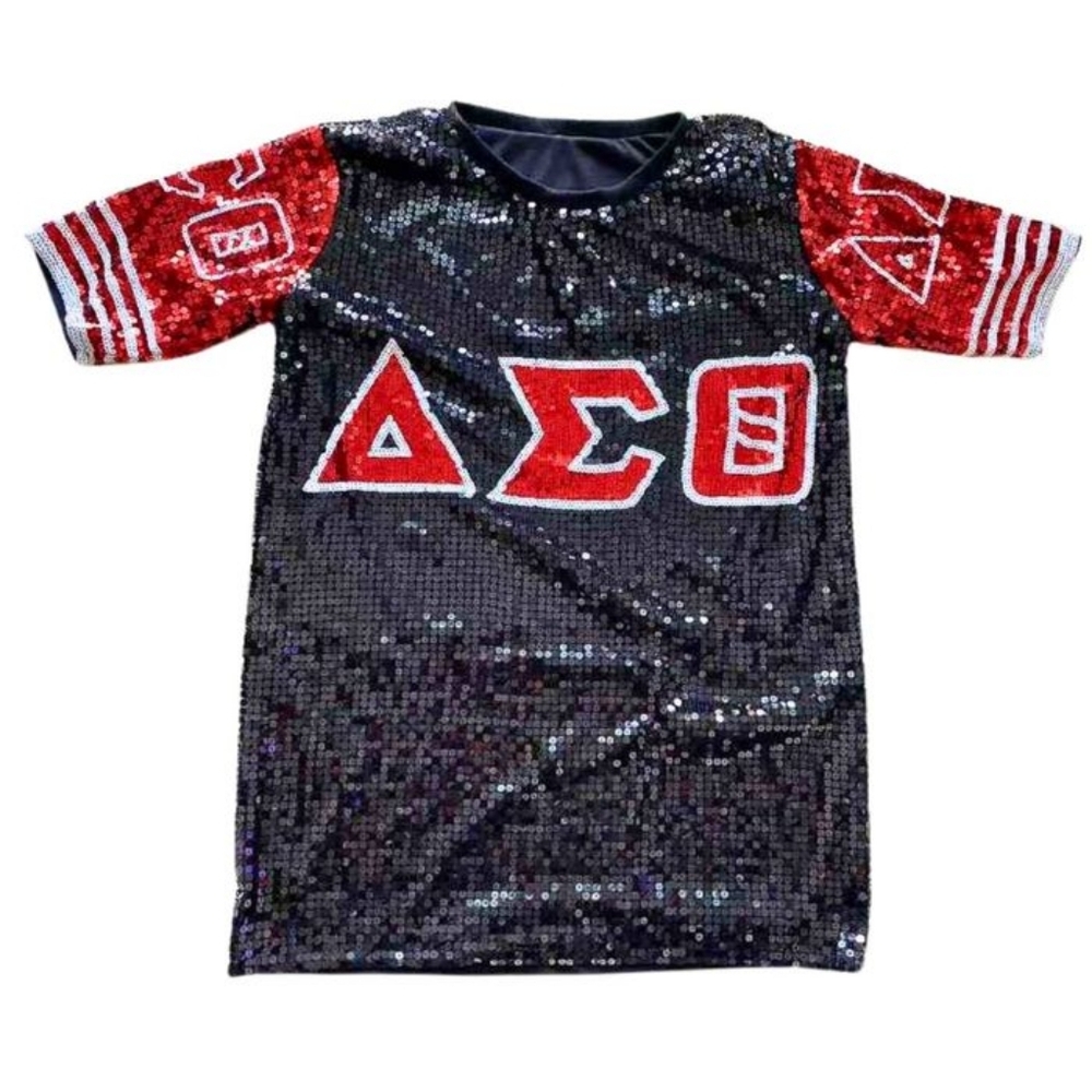 THREE LEFT DST Sorority Black and Red Sequin Jersey Shirt - Picture 3 of 4